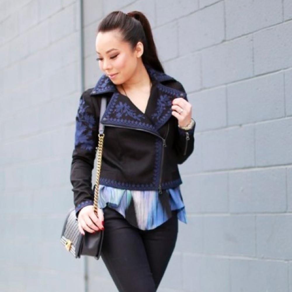 Marchesa Voyage black jacket with blue embroidery